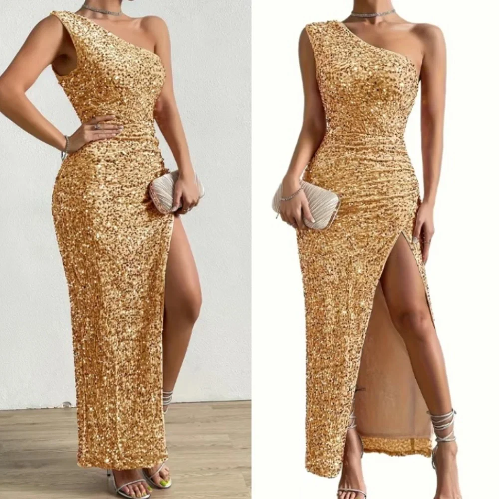 Luxe blue one shoulder slit thigh party formal evening sequins dress - Picture 15 of 16